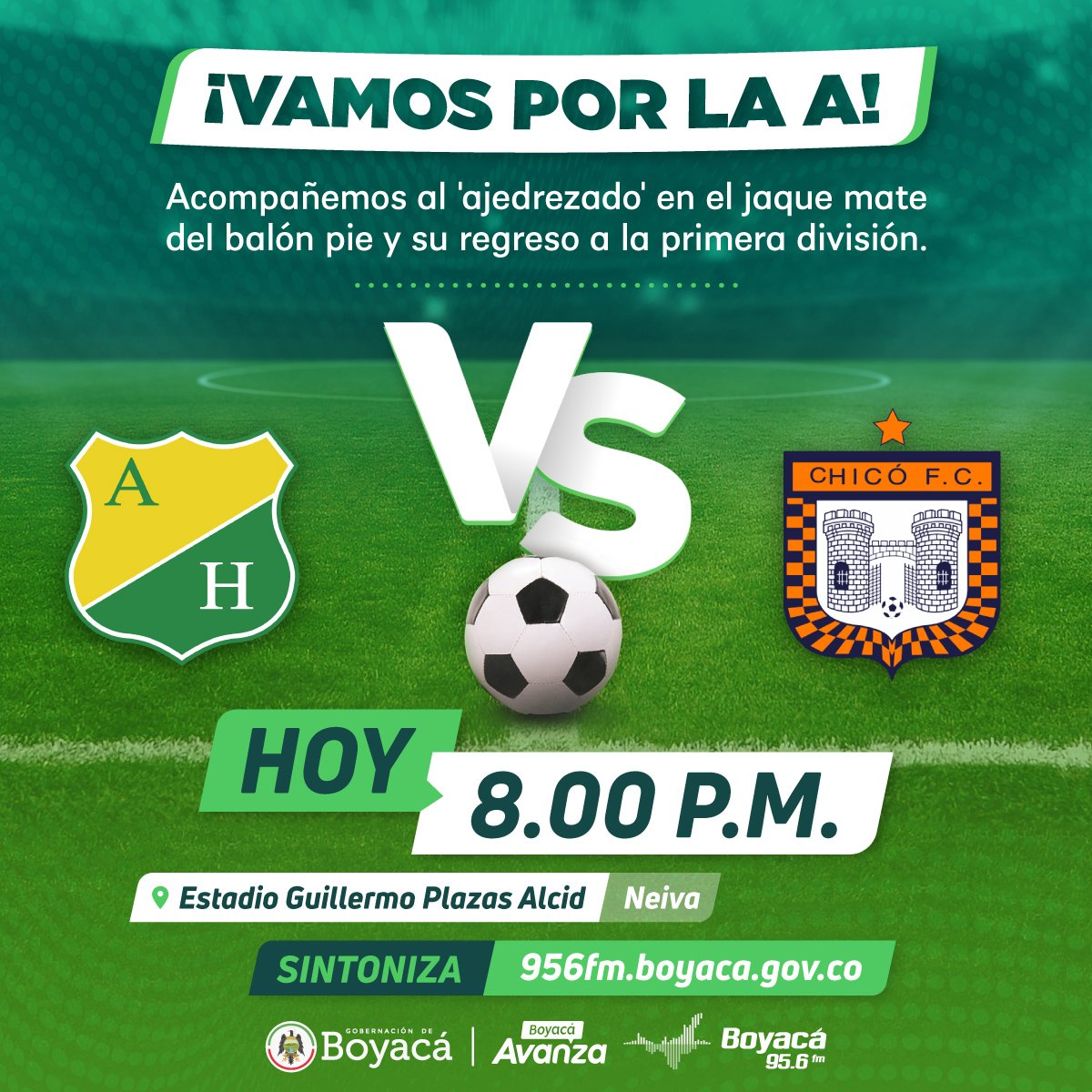 SecInfraBoyaca's tweet photo. ¿Martes de título ⚽? Hoy se juega en Neiva el partido de vuelta de la final del #TorneoBetPlay entre el @AtleticoHuilaof y @BCHICOFCOFICIAL, y #LosCampeonesDelFútbol de 95.6FM te acompañamos a vivir este importante momento 📻.

Antesala: 7:30pm 🤩.
Pitazo inicial: 8:00pm 🙏. https://t.co/9AHKuC8Q2p