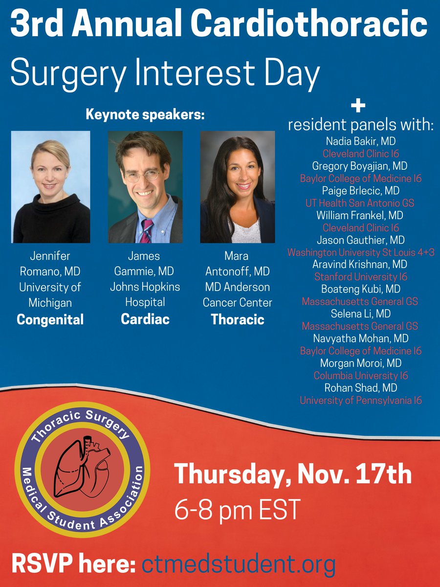 ThoracicStudent's tweet photo. We are so excited to hear from our amazing speakers for our 3rd Annual CT Surgery Interest Day! Make sure to sign up here before Thursday, November 17th: https://t.co/myB3bpcCIW https://t.co/jqEItbOkef