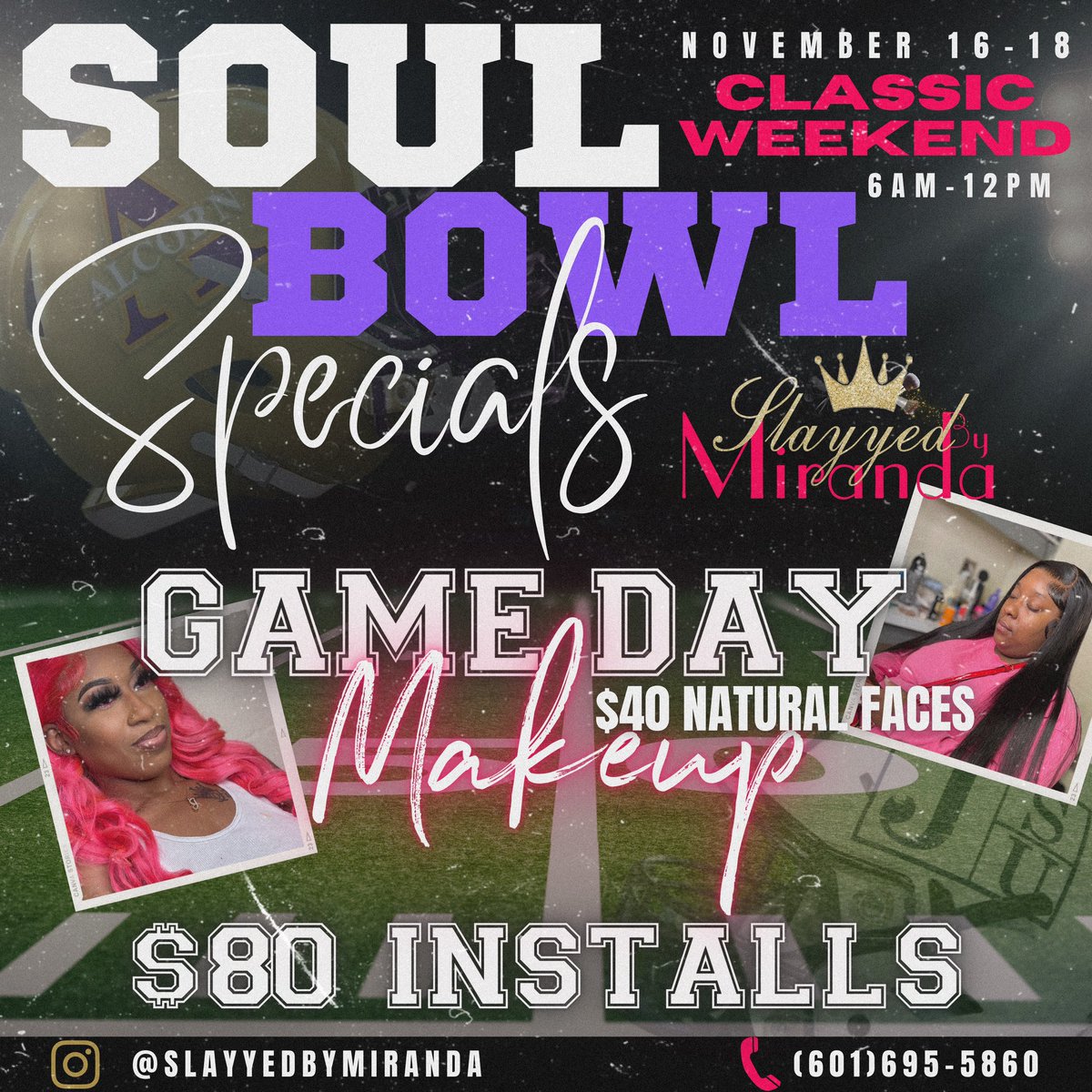 PurtyyyyM's tweet photo. Soul Bowl Special for rest of week leading into the game 🏈💛💜 #Alcorn #getslayyed https://t.co/dLTyjNqop9