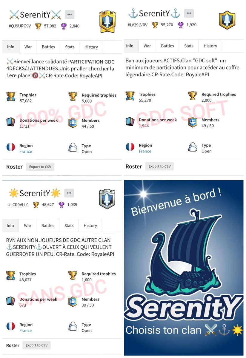 Recrutons pour notre clan sans gdc imposée. Si tu veux jouer sans être sollicité pour les GDC, bvn chez ☀️SerenitY☀️ #LCR9VLL0 #ClashRoyale #clan #recrutement #sansgdc #