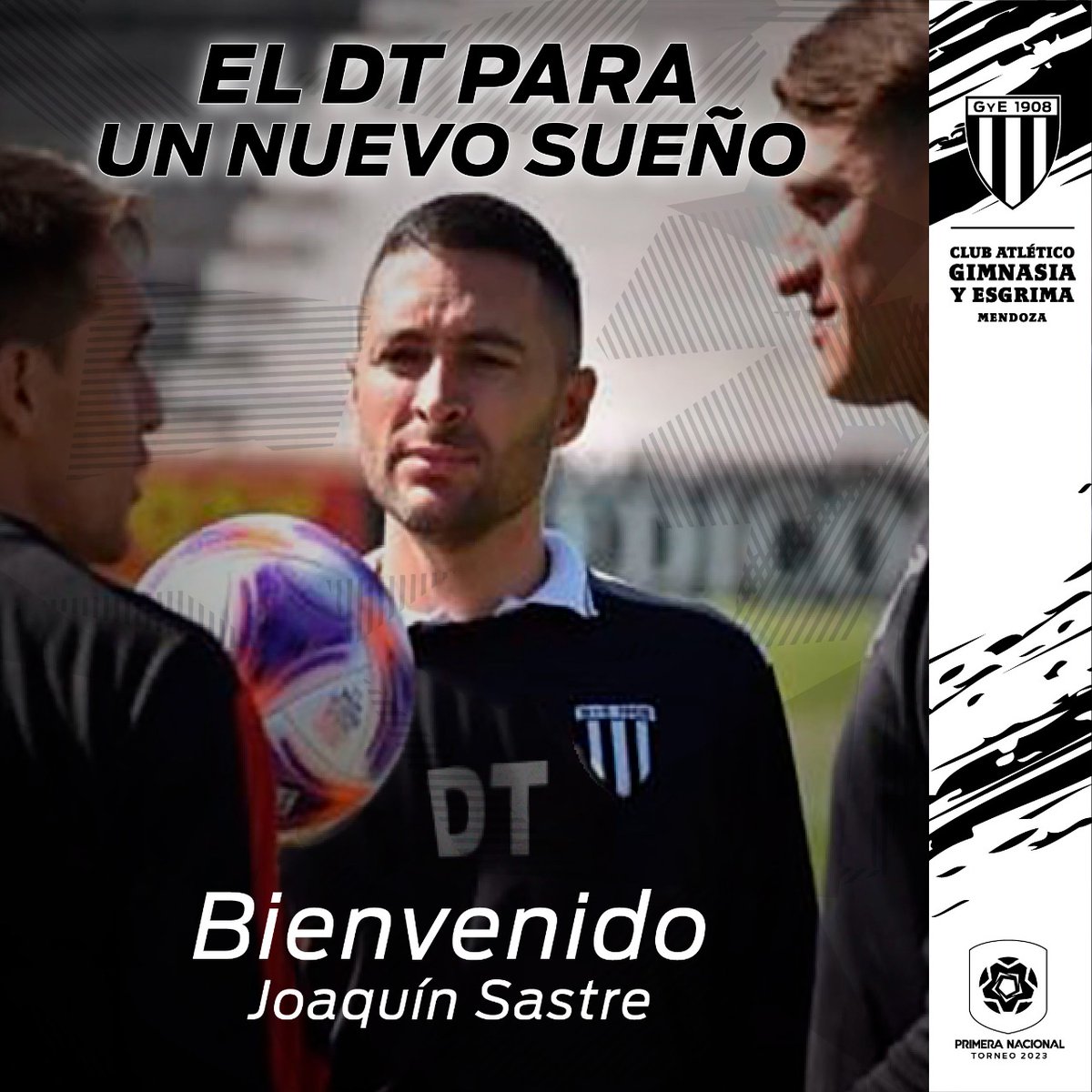 GimnasiaMendoza's tweet photo. 🏁 ¡HABEMUS DT! 🖤🤍

Joaquín Sastre es el nuevo Drector Técnico de Gimnasia y Esgrima. El ex-ayudante de campo que tuvo Luca Marcogiuseppe en la temporada anterior, se hará cargo del equipo de la #PrimeraNacional para el Torneo 2023. https://t.co/ZDlsSYMqsk