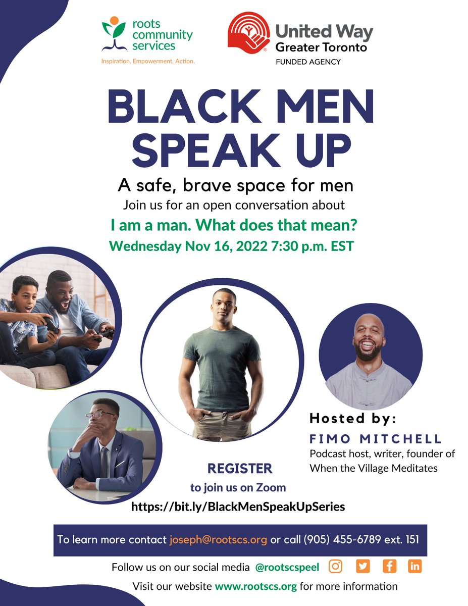 RootsCSPeel's tweet photo. What does it mean to be a man? What are society's expectations? Join us for this month's Black Men Speak Up discussion. We look forward to hearing your thoughts and experiences. Come join the conversation. #blackmen #blackmenspeakup #blackman #mensmentalhealth #rootscs https://t.co/VWftKCwPCS