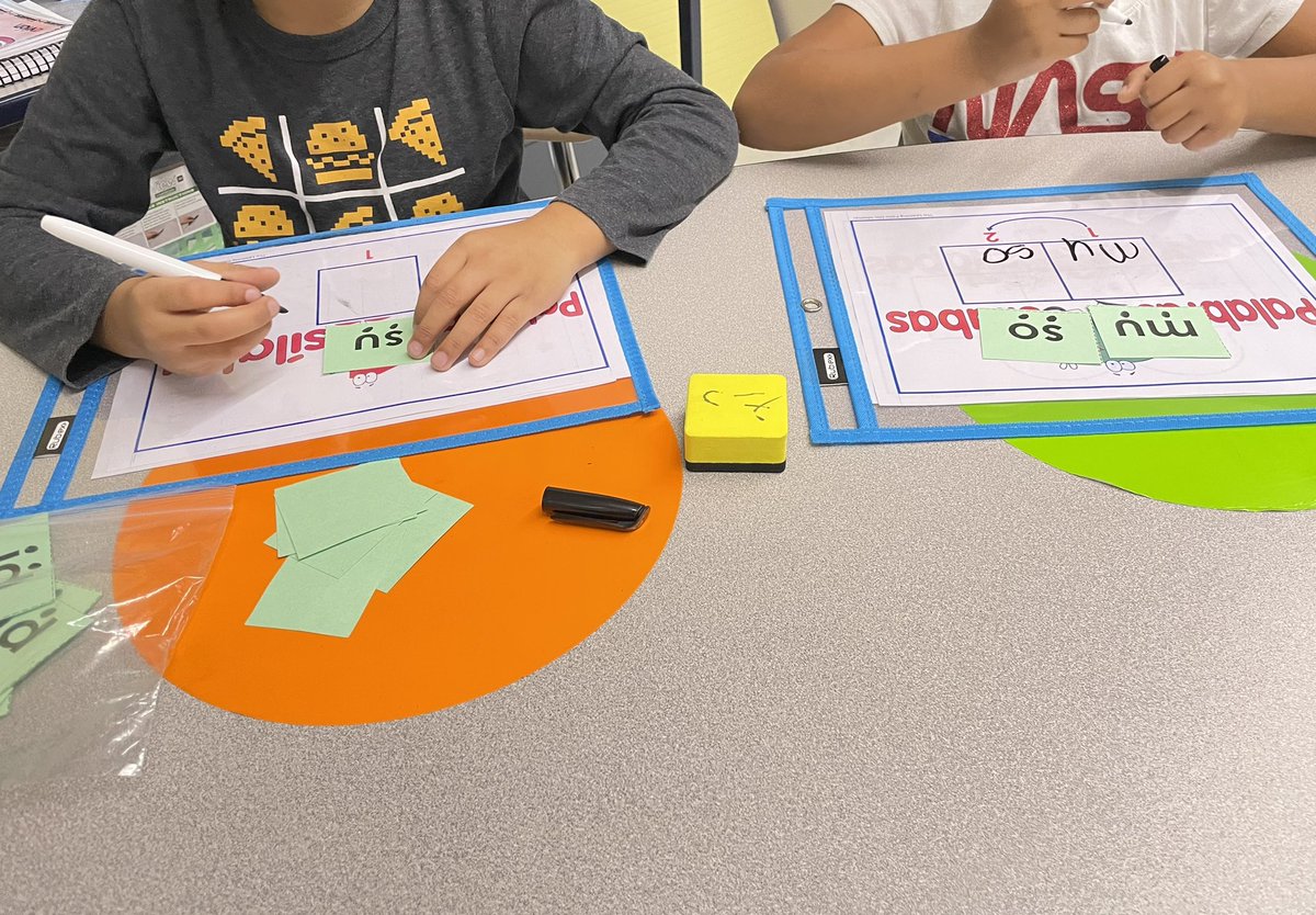 A 2nd grade dual student using her reading goal bookmark while she reads. 1st grade dual students working on reading and writing 1 and 2 open syllables. #readingintervention #twi #duallanguage #wearestony <a href="/dist126/">School District 126</a>