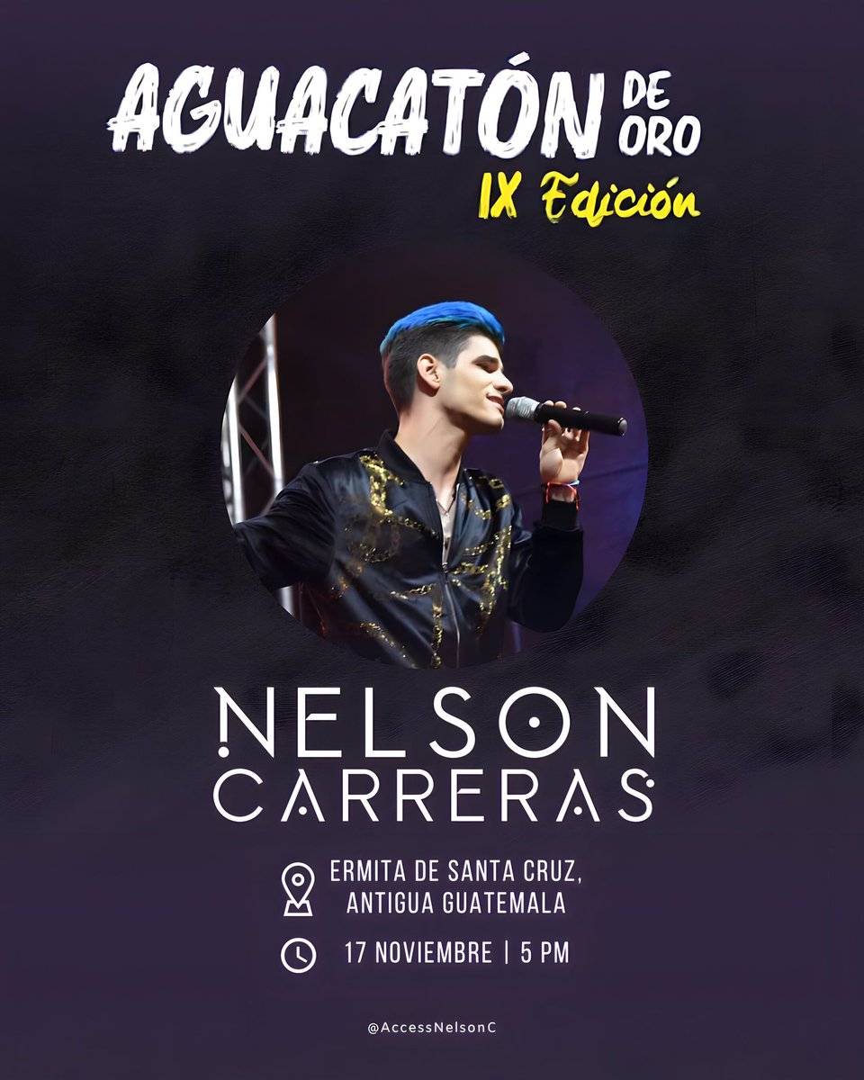 🚨 ¡Ranitas!

<a href="/SoyNelsonC/">Nelson Carreras Oficial</a> será un invitado especial el jueves 17 de Noviembre en el Festival Aguacatón de Oro.

      Horario: 5 pm (🇬🇹 y 🇲🇽)
      Recinto: Ermita de Santa Cruz, 
                      Antigua Guatemala

*La entrada es gratuita