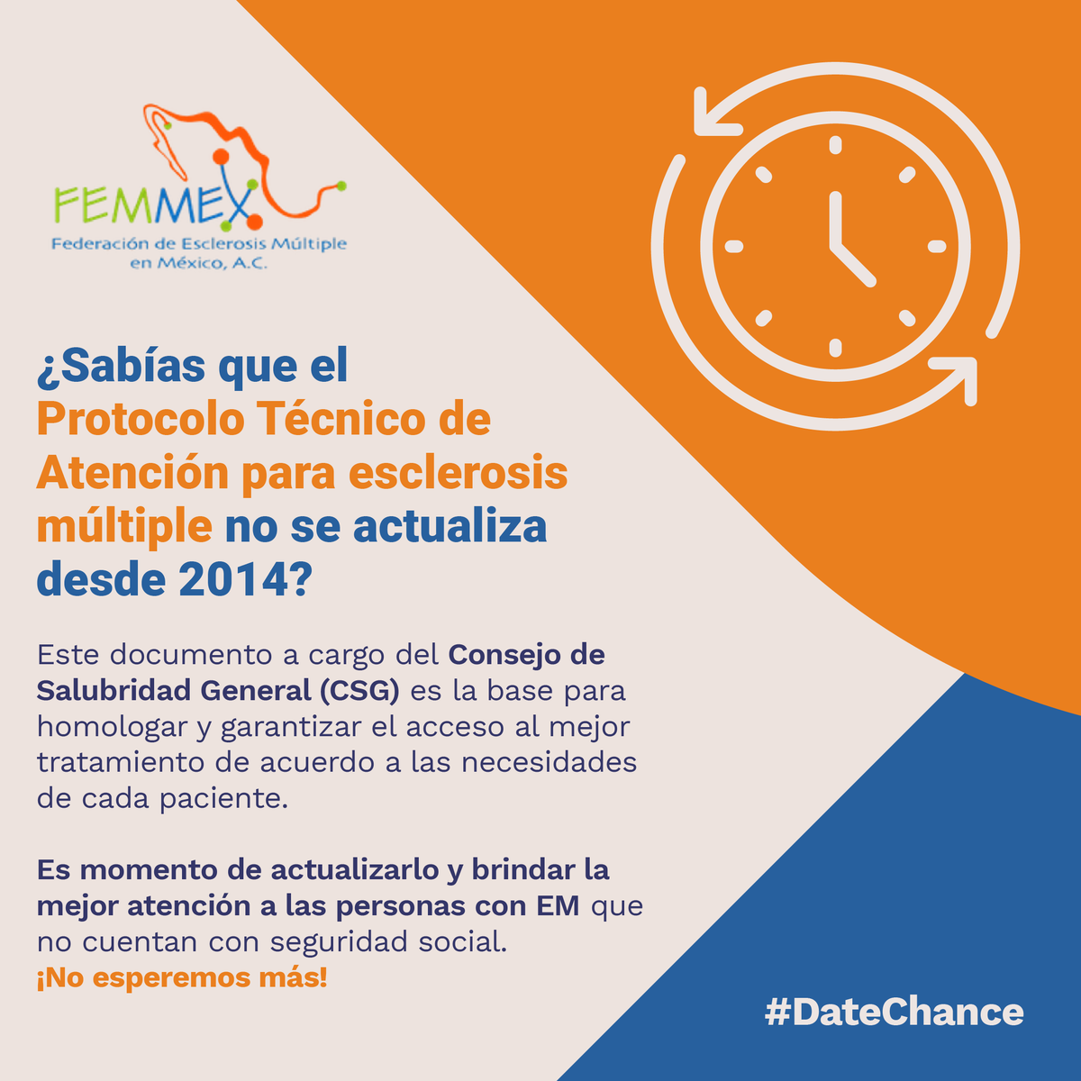 FEMMEXAC's tweet photo. El Protocolo Técnico de Atención para #EM no se actualiza desde 2014.

Este documento, a cargo del @DeSalubridad, es la base para garantizar el acceso a mejores tratamientos para las y los pacientes.

Es momento de actualizarlo, ¡no esperemos más!
#DateChance https://t.co/TCGn7QrqfF