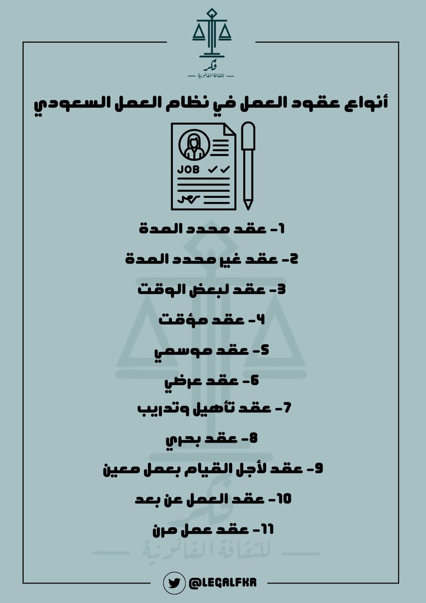 أنواع عقود العمل حسب #نظام_العمل⬇️..

#ثقافة_نظامية
#ثقافة_قانونية 
#قضاء
#محاماة
#اعرف_حقك