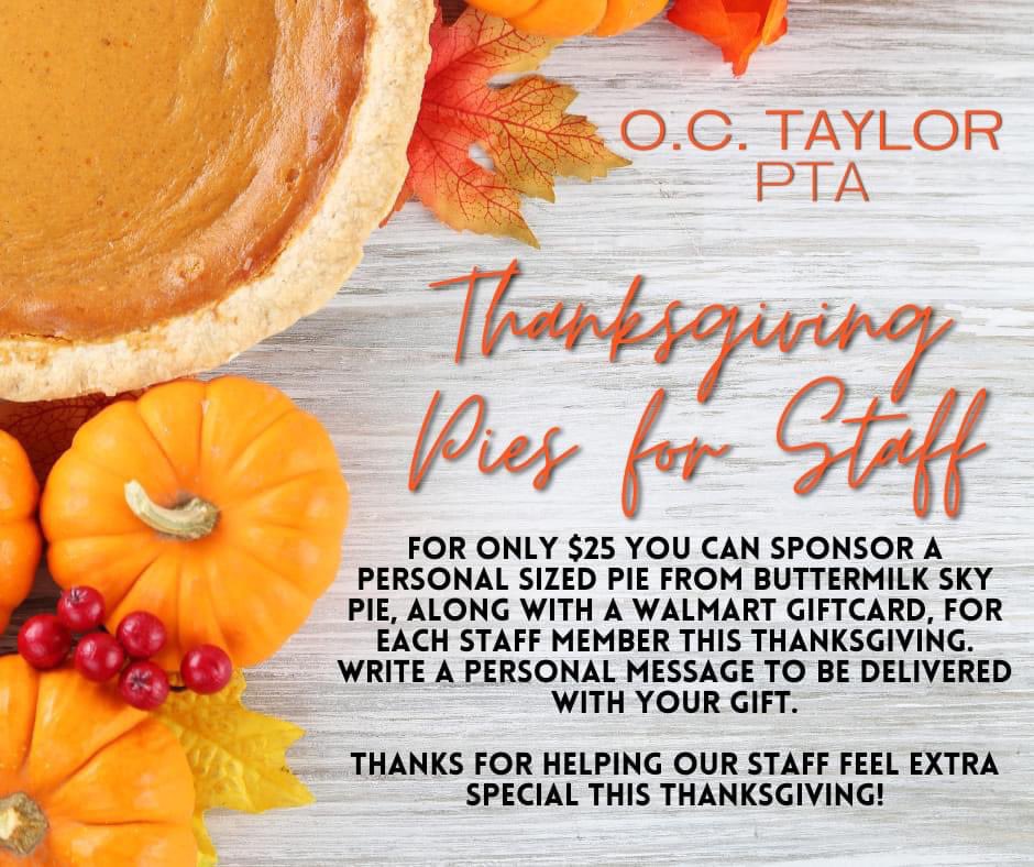 We are still needing to cover about half of our staff's Thanksgiving goodies 🥧 Please sponsor one or two if you are able! We appreciate our families and all of your support so much!!

octaylorpta.membershiptoolkit.com/packet/15093