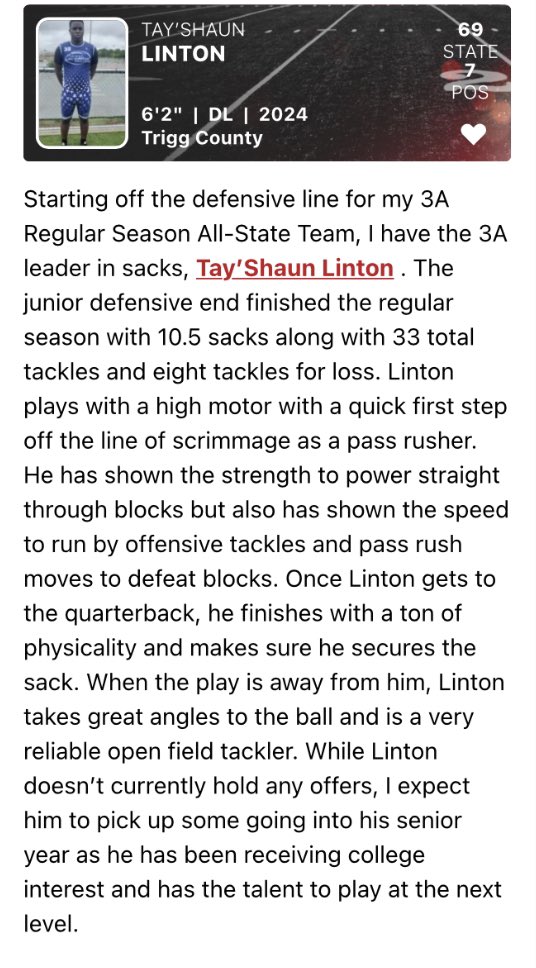 #AGTG I wanna thank <a href="/LippertScouting/">Ryan Lippert</a> for the write up ✍️. Thankful to be on the 3A Regular Season All-State Team

<a href="/CoachEzell45/">Chris Ezell</a> <a href="/CSmithScout/">Chris Smith</a> <a href="/NCEC_Recruiting/">NPA</a> <a href="/NatlPlaymkrsAca/">NatlPlaymkersAcademy</a> <a href="/LeverageLineman/">Leverage Lineman Training</a> <a href="/KYFUTURESTARS/">Ricco Hughes</a> <a href="/TriggFootball/">Trigg County High School Football</a> <a href="/SaintsNashville/">Lyfe Coach</a> 🕊️