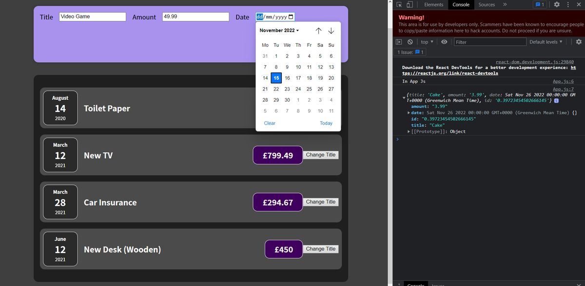 JackarooVJW's tweet photo. Day 3️⃣1️⃣ of #100DaysOfCode - More hooks! 
💥 We studied how to handle #github branches and merge conflicts
🪝 Another #hook on my belt? useReducer! 
🧑‍💻 Worked on my expenses app - added a form UI and got all the data up from 2 components down to the App.JS! Next to display it. https://t.co/O4fTXOhJui