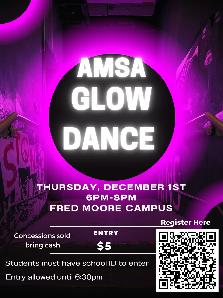 AMSA_Cyclones's tweet photo. Come &amp; have some fun at the #discovercommunityed AMSA Glow Dance. Don't forget to wear a bright color so you GLOW! Glow sticks are provided. Open to Grades 6-8 who attend AMSA. Must have ID to enter. 12/1/22. Register at https://t.co/DPBVB6rf3G. https://t.co/BLItz3kDrR