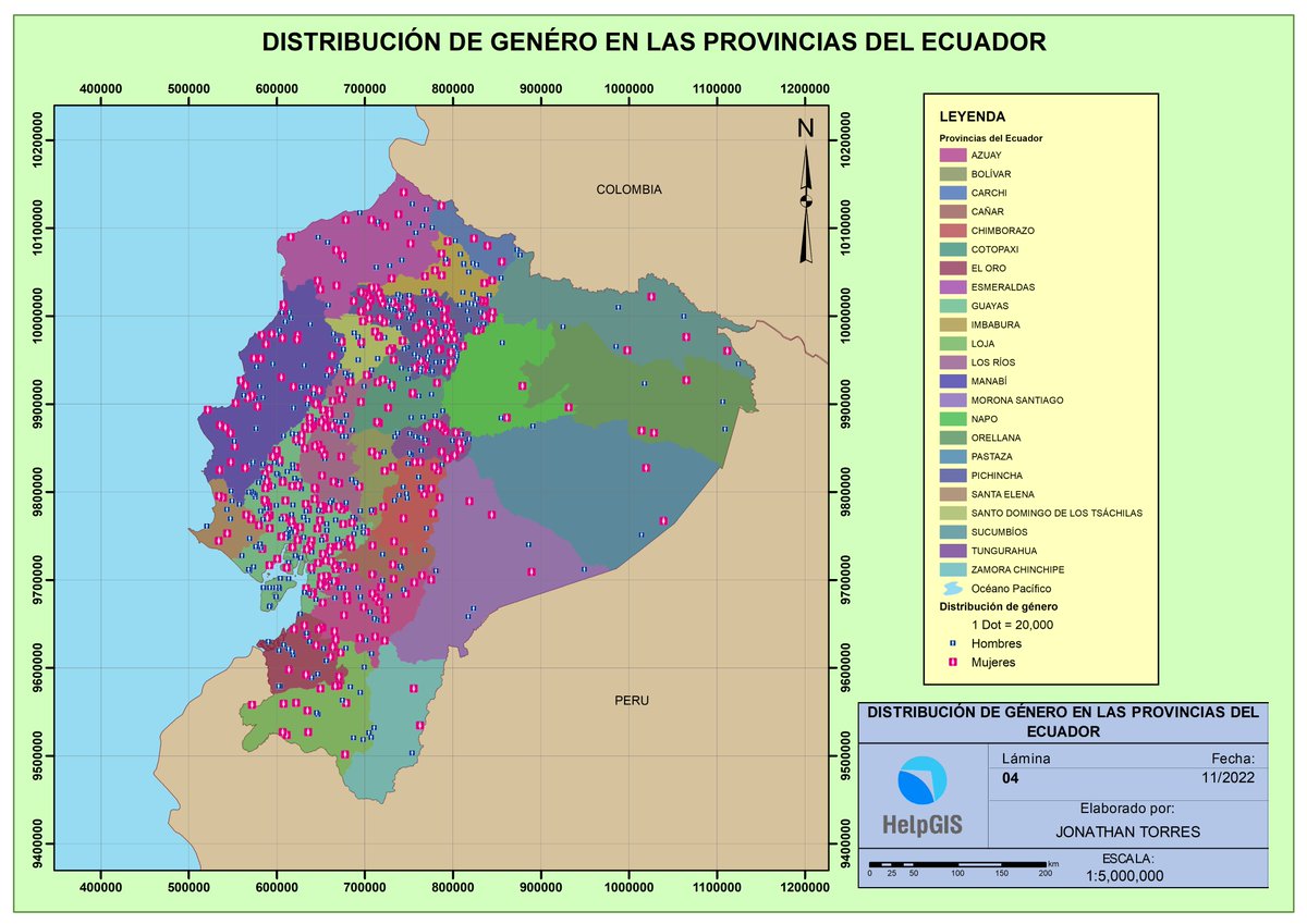 Jhon_ftr's tweet photo. Mapa de distribución de género en Ecuador. #Mapa_Temático @HelpGIS https://t.co/IAY2cDToS0