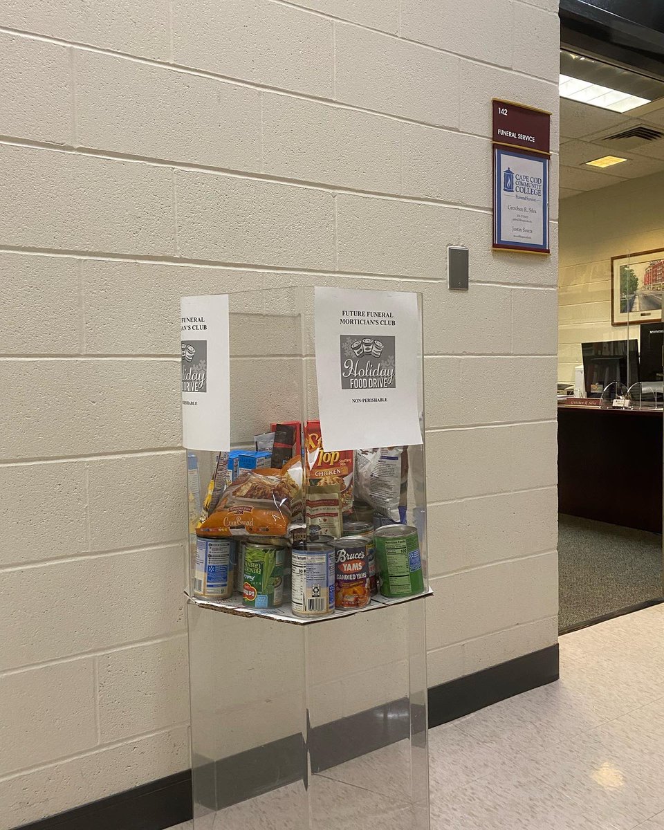 Future funeral directors and embalmers club has a food collection bin in the hallway, collecting non-perishables for those in need.  #bridgewaterstateuniversity #capecodcommunitycollege #funeral #embalming #fooddonation #communityservice