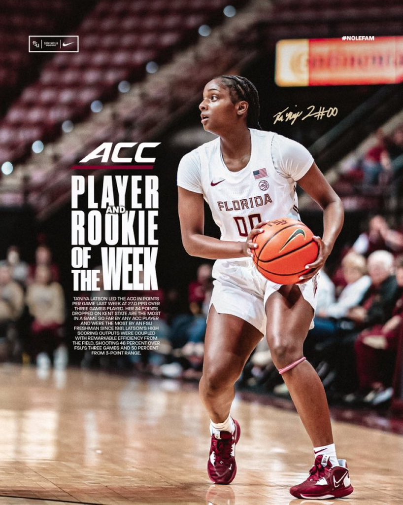 #AmericanHeritage HS (FL) alum & #FSU #LadyNoles true freshman G Ta’Niya Latson (@NiyaLatson) named ACC Player & Rookie of the Week