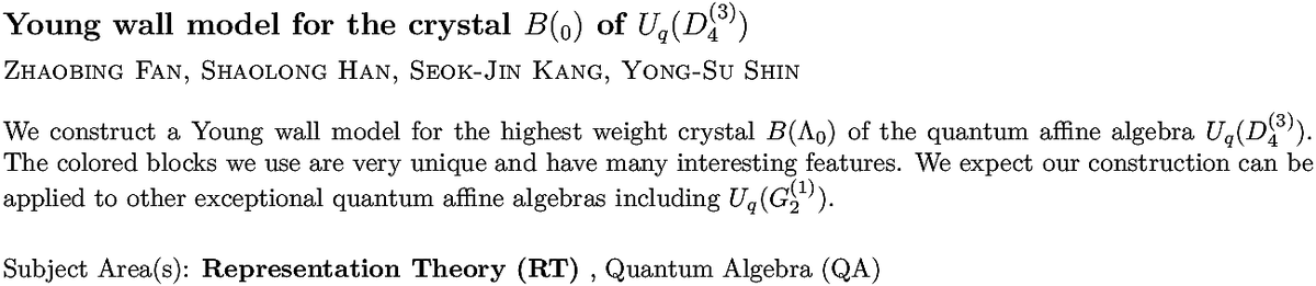 arxiv.org/abs/2211.07106…
Z Fan et. al.
Young wall model for the crystal $B(Λ_0)$ of $U_{q}(D_4^{(3)})
