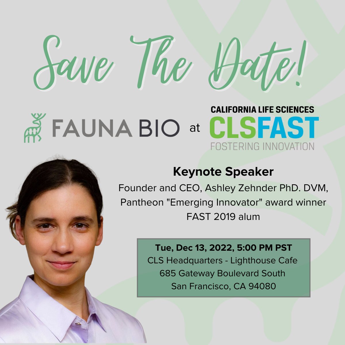 faunabio's tweet photo. #Savethedate Tue 12/13, 5PM PST, #FaunaBio CEO and Co-Founder, and 2019 FAST Alum, @ashleyz413 will be kicking off this year's @CALifeSciences FAST showcase as the #keynote speaker. Register here for the event: https://t.co/zFzt1jB9YR
#FastShowcase #lifescience #venture https://t.co/FxTfbmdCrZ