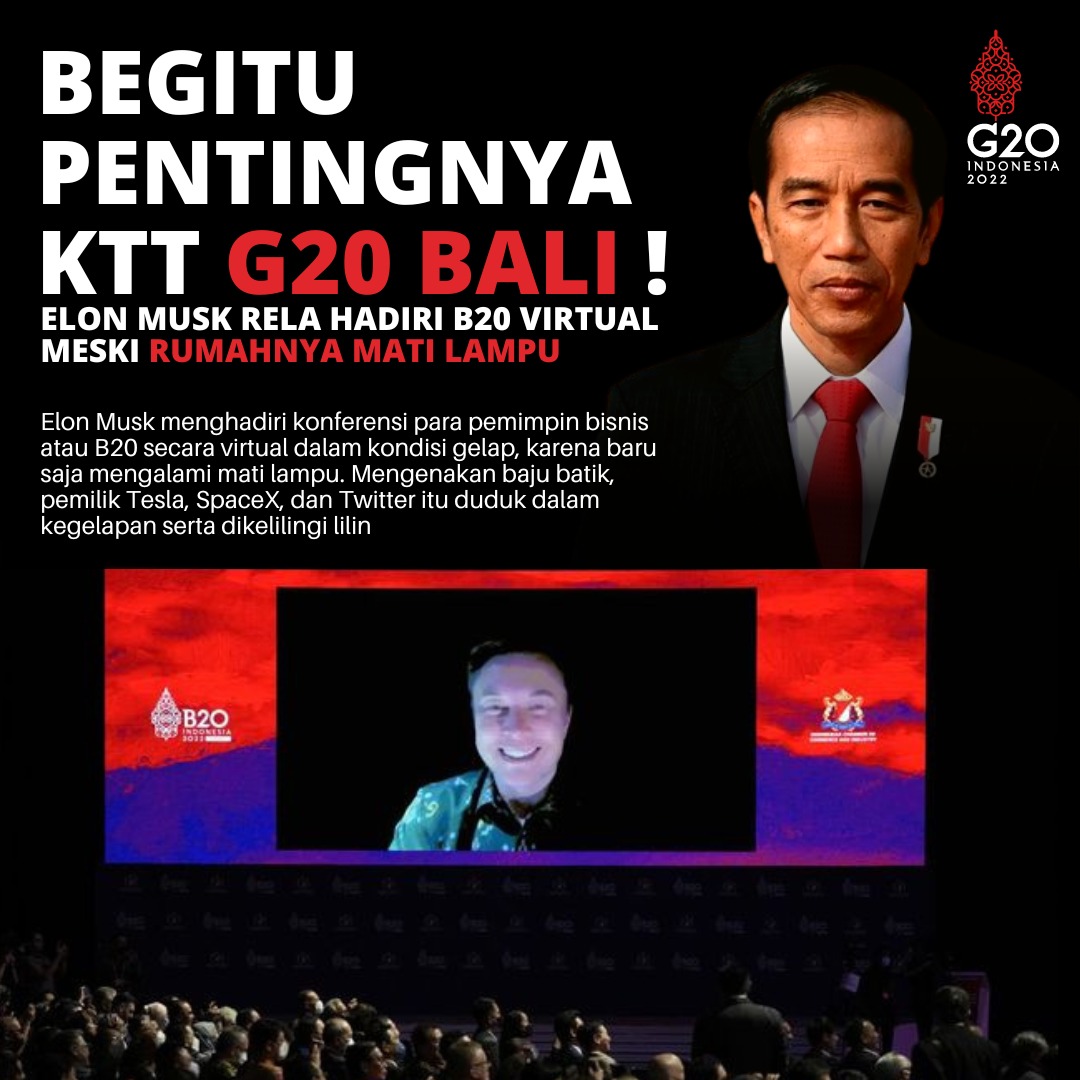 Ini membuktikan betapa pentingnya undangan Jokowi bagi Elon Musk. Tetap hadir di KTT G20 Bali secara virtual walau mati lampu.

#MasyaallahGiselle | #SANGE_AAAAAAAAA | partai persatuan indonesia | 🇵🇱 | Polish | Cat 1 | Wendy | Kadrun | HAPPY BIRTHDAY GARAM | FIFAKOOK IS COMING