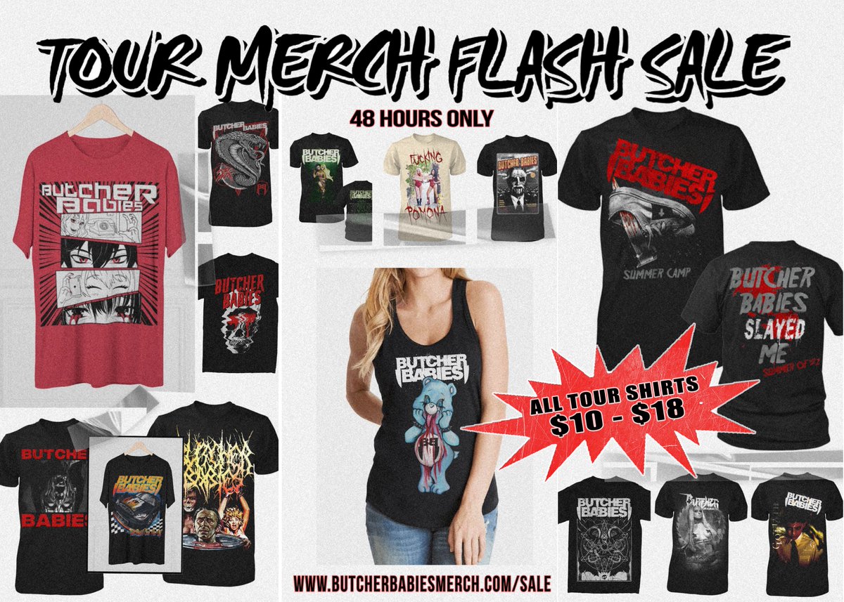 Another successful tour, another cause for celebration! We're 🔪slashing prices🔪 FOR 48 HOURS! Thank you for an incredible run in Europe the last 6 weeks. We're celebrating by offering select designs for $10-$18. The clock starts NOW! ButcherBabiesMerch.com/SALE Enjoy!