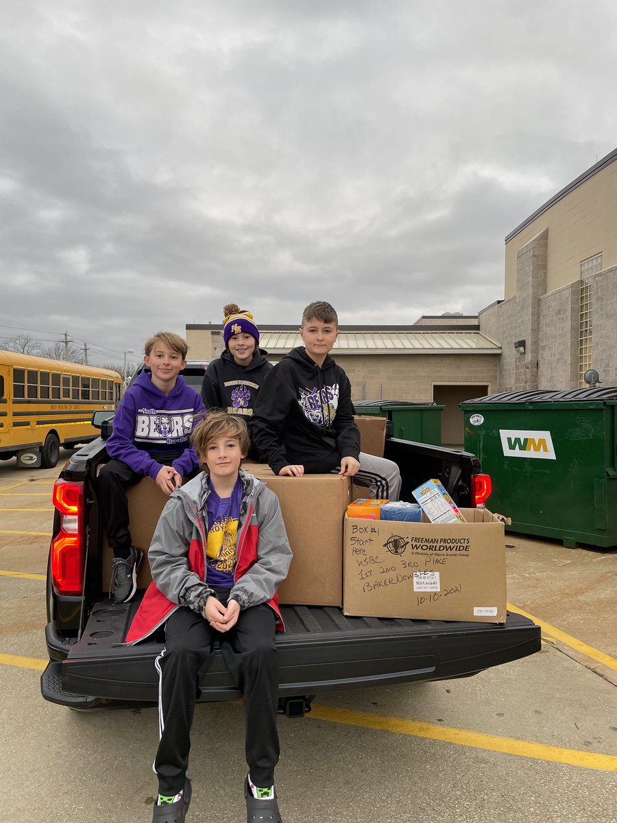 AmyHaraughty's tweet photo. An extra special shout out to these four 5th grade rockstars who legit went door to door &amp; collected 1,582 cans on their own! They got to announce the final #s this morning on our announcements! #nrinspiregreat #compassion #NoRoNation #bears https://t.co/CDpX31AAbD