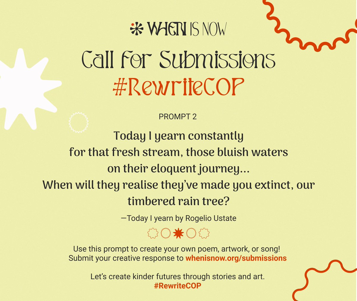agamagenda's tweet photo. 📢 CALL FOR SUBMISSIONS: #RewriteCOP #WhenIsNow
When will they realise they’ve made you extinct, our timbered rain tree?
— “Today I yearn” by Rogelio Ustate
Create your own creative piece inspired by this poetic prompt. Submit here!👉https://t.co/RmiDCoff8M https://t.co/TtOH5xpEbR