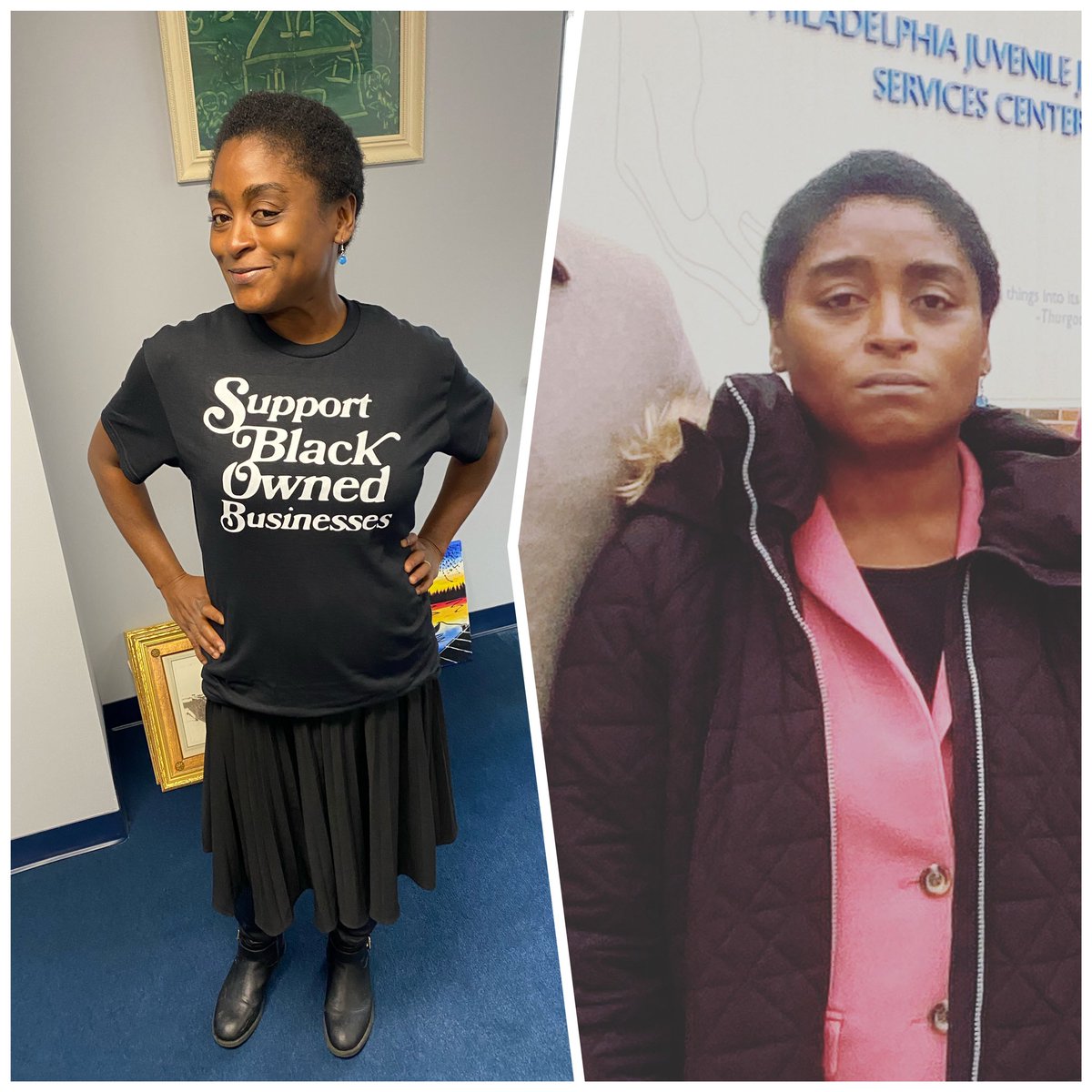 My partner who is away for the whole week. “How was your day?” And the photo I sent him. Me at the #phillydefenders first expo for Black and Latinx small businesses, then me at the press conference on the overcrowding crisis at the juvenile detention center.