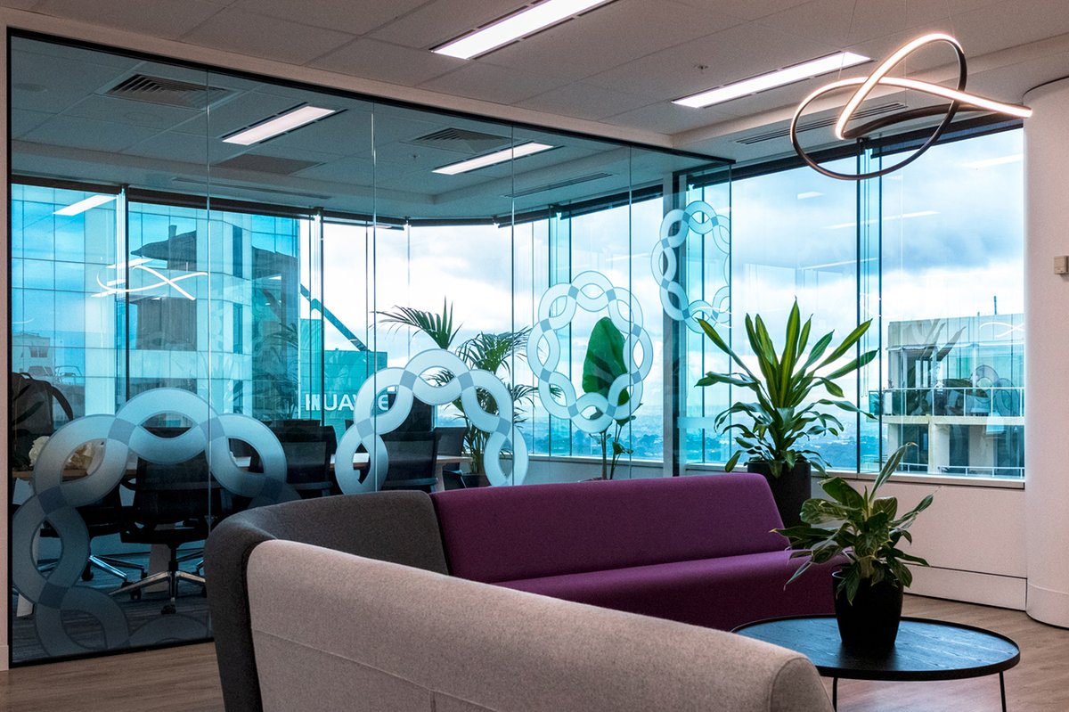 wfaanz's tweet photo. WFAANZ member Paragon demonstrates the branding power of decorative film with this Print Media Group (PMG) project. Part of a fit out of the Sydney Ribbon Communications office, the job included custom multi-layered reception signage, print and profile cut glass graphics. https://t.co/rAGpgVoie2