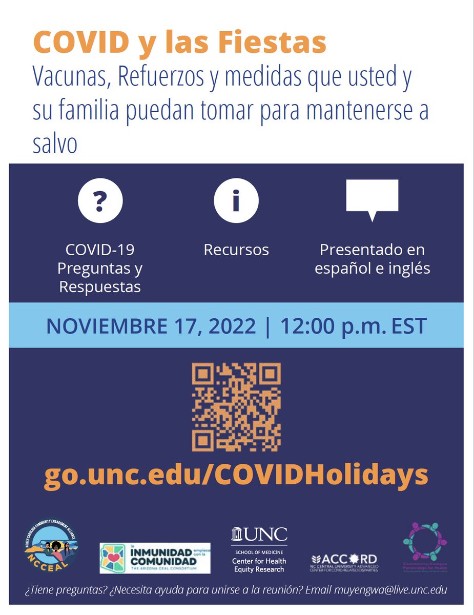Acompáñenos y favor de compartir con sus amistades.  Zoom de COVID y cómo protegerse durante los días festivos que se aproximan.

Please join us! Share with your friends: COVID &amp; the Holidays webinar.