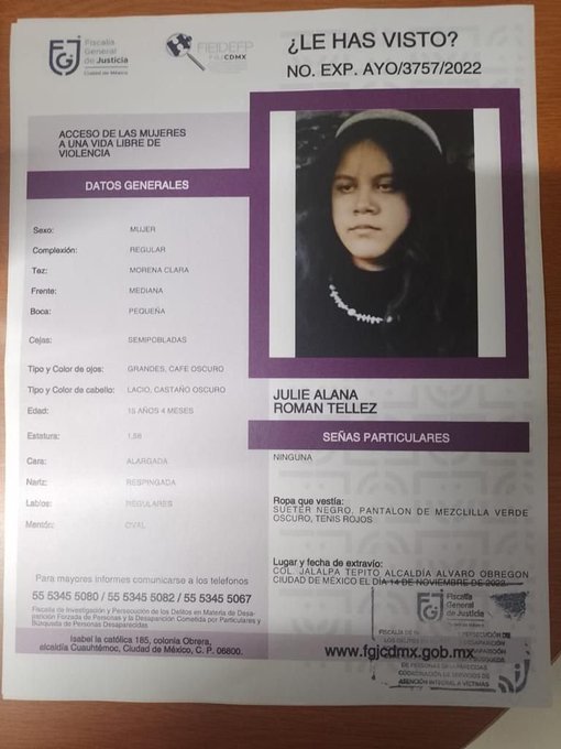 ⚠️Solicitamos de tu colaboración para localizar a Julie Alana Román Téllez. Fue vista por última vez dentro de la <a href="/AlcaldiaAO/">Alcaldía Álvaro Obregón</a>. Vestía suéter negro, pantalones verde oscuro y tenis rojos

Cualquier info proporcionarla en los teléfonos: 
📱55-5345-5080 y 55-5345-5067 #ComunidadW