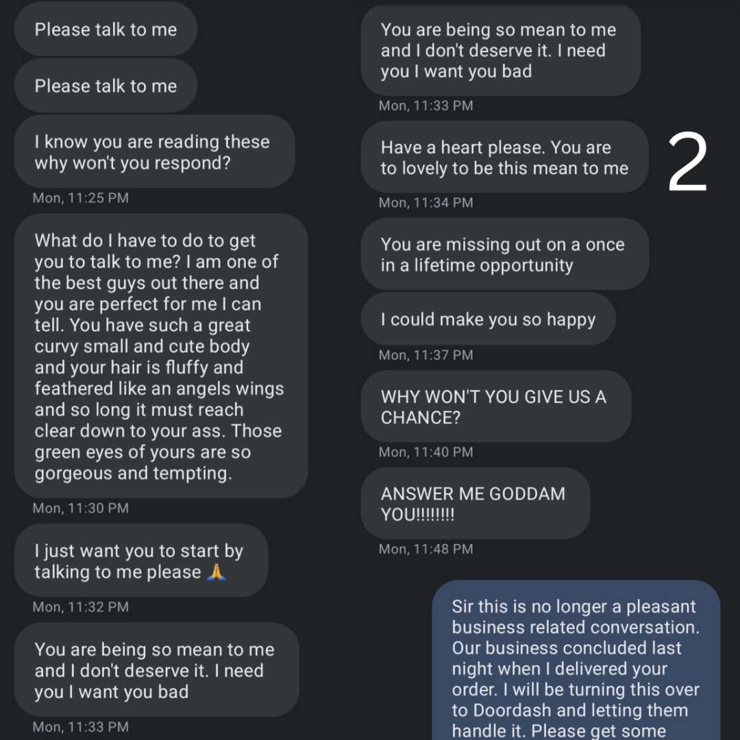 ask_aubry's tweet photo. If you are a woman delivering for DoorDash, you may run into a Marcus C. https://t.co/VFTF54uxEK