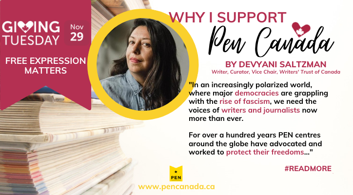 PENCanada's tweet photo. Why does writer and curator, Vice Chair of @writerstrust Devyani Saltzman (@DevyaniSaltzman) support PEN Canada? #WeStandTogether for #WritersInPeril
Read Devyani's complete message for our 2022 @GivingTuesdayCa campaign: https://t.co/9AqGLqRnMf https://t.co/ZOBhNoJ0lG