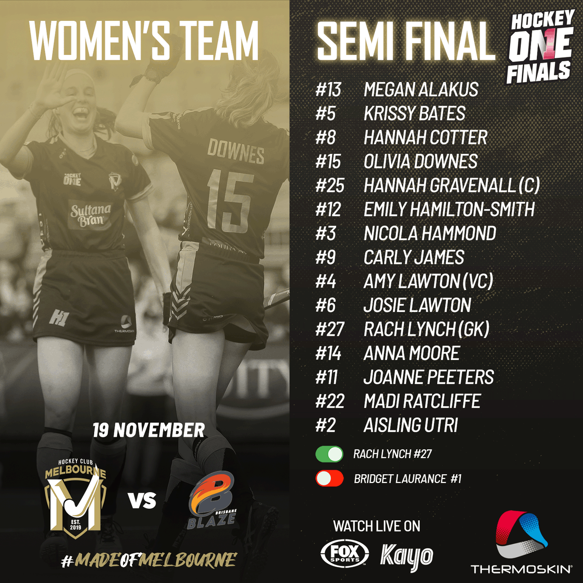 Our HC Melbourne Women are ready for their Semi Final this Saturday! 💪

Vs <a href="/BrisbaneBlazeH1/">Brisbane Blaze</a> up in Bendigo at 1.35pm. 🏑
Winner moves onto the Final on Sunday.

🎟 Tickets here: bit.ly/H1-Finals-Seri…
📺 Watch on <a href="/kayosports/">Kayo Sports</a> &amp; <a href="/FOXSportsAUS/">FOXSportsAUS</a>
#MadeOfMelbourne - with <a href="/ThermoskinAU/">Thermoskin</a>