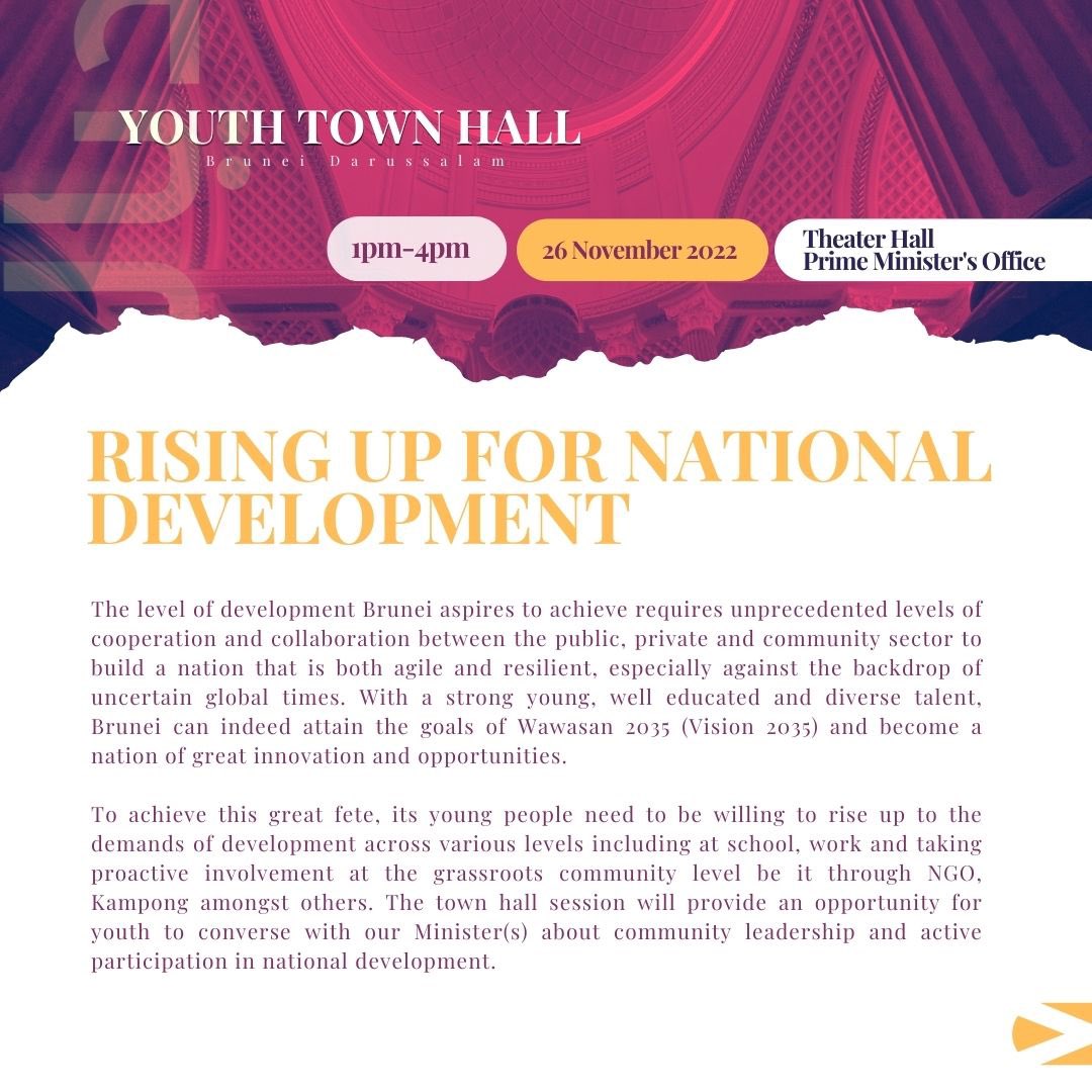 ypnbrunei's tweet photo. I know yโall have been askingโฆ our 5th Youth Town Hall will be with YB Dato Hj Ahmaddin of MOHA!
Book your seat now at https://t.co/OnVQVOU049 ๐
#youthtownhallbrunei
#yth2022 #Brunei
#riseup4nationaldevelopment https://t.co/GJQRdMti9e