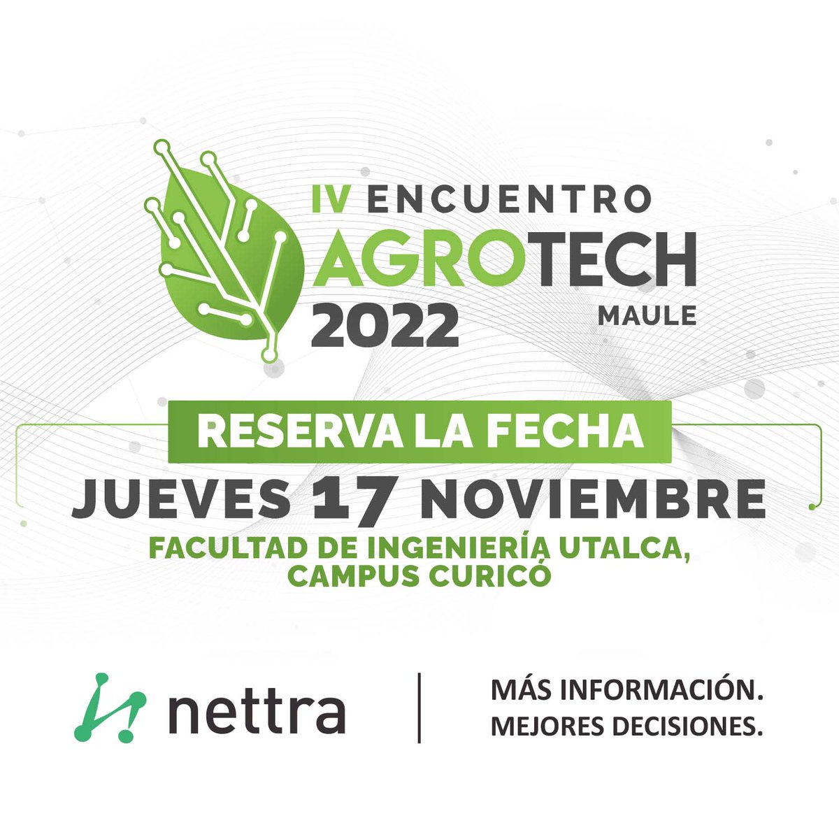 A tan solo dos días de este evento imperdible para la agroindustria; IV Encuentro Agrotech Maule! 

Desde Nettra tenemos el agrado de invitarte a visitar nuestro stand en este evento donde estaremos compartiendo las ventajas de la Telemetría, el IoT y la Agricultura 4.0