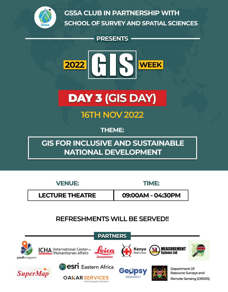 Mary Muthee (@_marymuthee) on Twitter photo Today,16th November 2022,<a href="/gssa_tuk/">GSSA-TUK</a> <a href="/youthmappers/">YouthMappers</a> chapter at <a href="/TU_Kenya/">Technical University of Kenya</a> ,we get to celebrate our #GISDay 2022..We will be hosting different speakers and students sharing presentations on various #thematic areas.We shall also have 6 companies doing exhibitions #gischat #geospatial Today,16th November 2022,<a href="/gssa_tuk/">GSSA-TUK</a> <a href="/youthmappers/">YouthMappers</a> chapter at <a href="/TU_Kenya/">Technical University of Kenya</a> ,we get to celebrate our #GISDay 2022..We will be hosting different speakers and students sharing presentations on various #thematic areas.We shall also have 6 companies doing exhibitions #gischat #geospatial