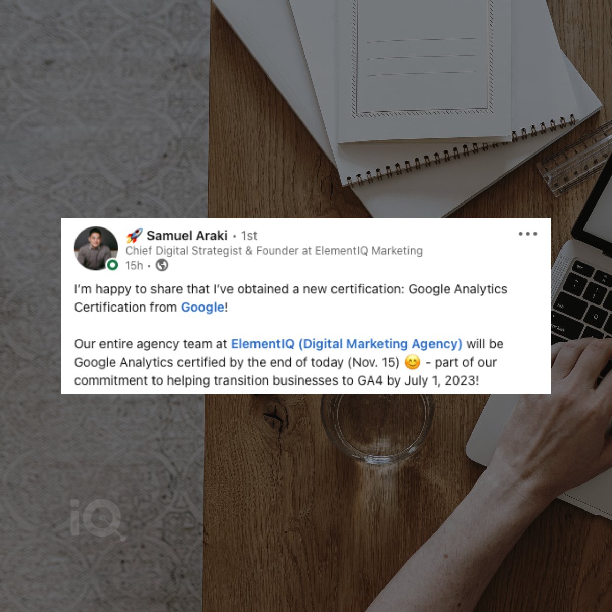 We're happy to share the exciting news that our #ElementIQ team will be officially GA4 certified by the end of today! 🚀

#GA4 #google #analytics #digitalmarketing