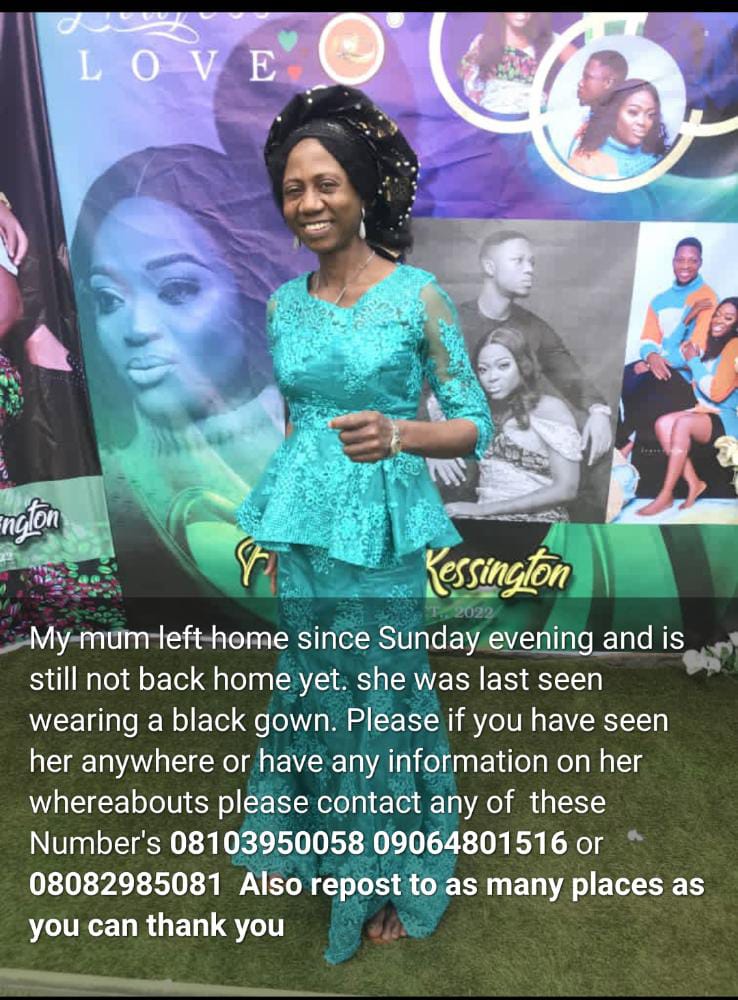 Hello twitter, 
This is the mum of a friend, repost as much as you can &amp; don't forget to give feedback too, her last location was in benin, Edo State. I pray we find her soon. 🙏