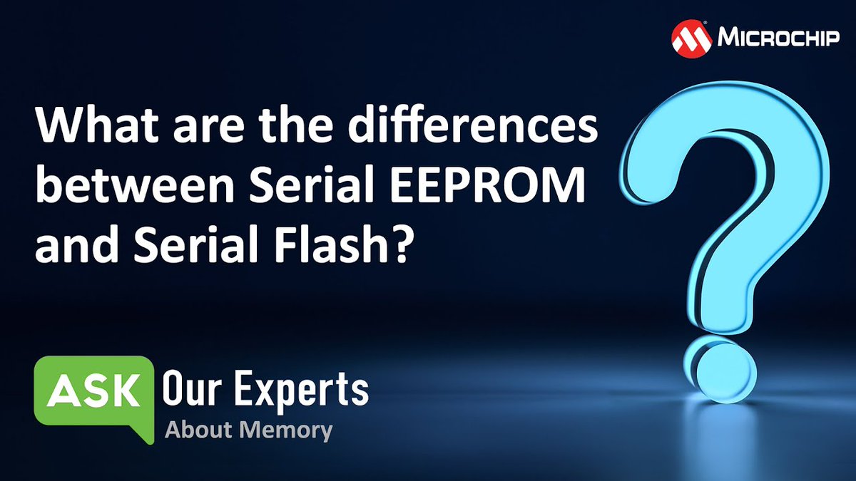 MicrochipTech's tweet image. Choosing between Serial EEPROM and Serial Flash for your embedded design? Learn how to select one (or both!) with our short video: mchp.us/3UkygGi. #nonvolatilememory #NVM #EEPROM #NORFlash #embedded #IoT #SerialEEPROM #serialflash #externalmemory #datalogging #Arduino