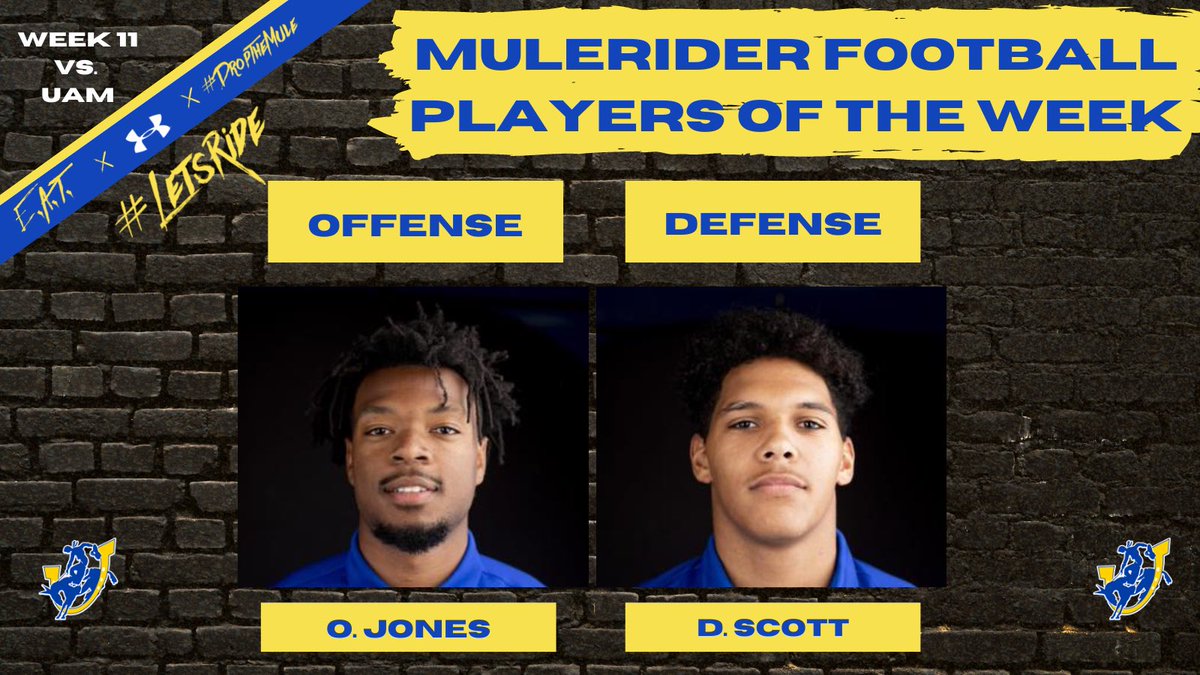 CONGRATS to our Week 11 Mulerider Players Of The Week in Battle Of The Pineywoods WIN over Ark-Monticello #GameChangers #LetsRide 🤙🏇 <a href="/OBJones_/">OB.⛈</a> <a href="/DawsonScott19/">Dawson Scott</a>