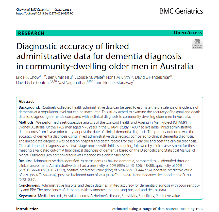 My first #dementia paper in @BioMedCentral BMC Geriatrics found that using administrative hospital and death data has poor #sensitivity & positive predictive value #PPV for dementia diagnosis. Great collaborations with @SydneySPH 
Link: doi.org/10.1186/s12877…
#Geriatrics