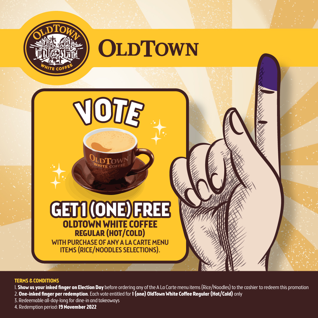 OldTown_WCoffee's tweet photo. Show us your inked finger 👆🏻 on 19/11/22 & get FREE OTWC Regular (Hot/Cold) ☕ with purchase of any a la carte items (Rice/Noodles) at our outlets!
While stocks last. T&Cs apply!
#OldTownWhiteCoffee #KopiDuluMakanDulu #GeneralElection15 #GE15 #PRU15 https://t.co/jgXnLBc7zM
