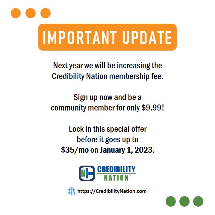 Credtabulous's tweet photo. Starting January 2023, we are increasing the Credibility Nation membership fee to $35/month ($350/year).

If you aren’t part of this amazing community yet, now is the best time to sign up!
https://t.co/lRBAE9I2Vu

#CredibilityNation #CommunityUpdate #ThoughtLeadership https://t.co/6mi1Nr1EX8