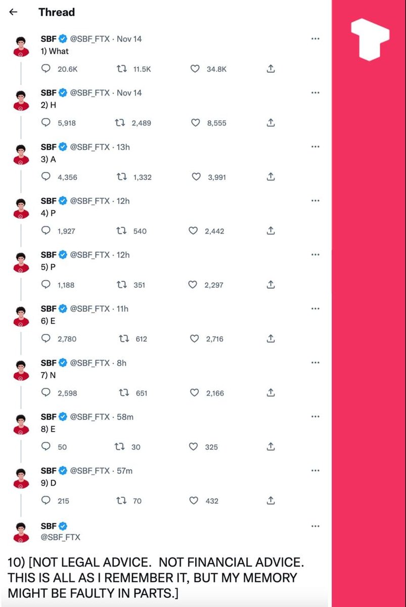 Linying1991's tweet photo. SBF finished his bizarre tweet, writing at the end: NOT LEGAL ADVICE, NOT FINANCIAL ADVICE. This is all I remember, but my memory may be partially wrong. https://t.co/hmpyc8BAHs