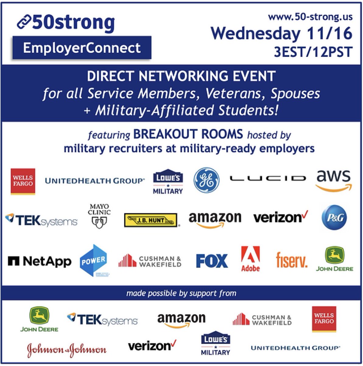 ~500 mil/vets/spouses from around the 🌎 are signed up to join us at <a href="/50strongUS/">50strong</a> tomorrow! 👊🏽

Easy. Casual. Virtual. 

cc <a href="/M4L_Network/">Marine For Life Network</a> <a href="/ARIZONAatWORK/">ARIZONA@WORK</a> <a href="/USArmyReserve/">U.S. Army Reserve</a> - thank you for the collaboration!