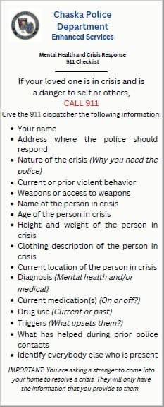 ChaskaPD's tweet photo. (3/3) We've created this brochure to assist the callers during these difficult times, while trying to obtain information vital to achieving the best possible outcome. Be sure to open the photos to view the entire brochure, including phone numbers to important resources. #CPDLive https://t.co/wAkbFjKoMY