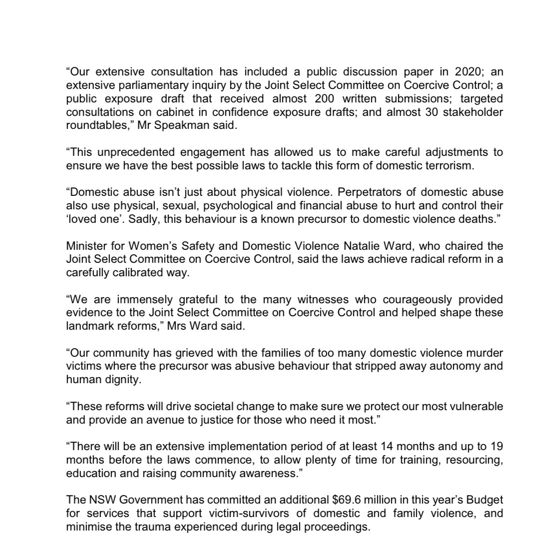 ⚖️ NSW will become the first Australian state or territory with a stand-alone offence for #CoerciveControl, with historic and potentially life-saving law reforms passing Parliament today. parliament.nsw.gov.au/bills/Pages/bi… #nswlaw #auslaw #vaw #dfv @natwardmlc