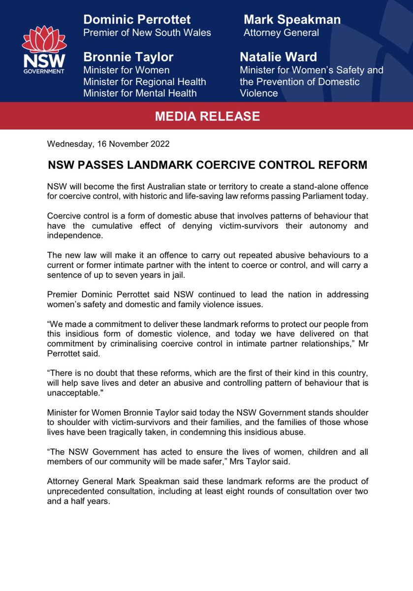 MarkSpeakman's tweet photo. ⚖️ NSW will become the first Australian state or territory with a stand-alone offence for #CoerciveControl, with historic and potentially life-saving law reforms passing Parliament today. 
https://t.co/Kfl8lXv6Kk

#nswlaw #auslaw #vaw #dfv @natwardmlc https://t.co/qmWMx7QcLt