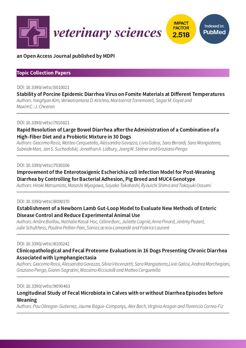 Vetsci_MDPI's tweet photo. 👏#PaperCollections of #VeterinarySciences:

🎯Topic: Collections of #Diarrhea in #Animals

For more details, please check the links in the 
[Comments Section👇]

#porcineepidemicdiarrheavirus #homeostasis
#newbornlamb #FecalProteome #calf #stability

@LifesciMdpi https://t.co/Ch4vpiTE5s