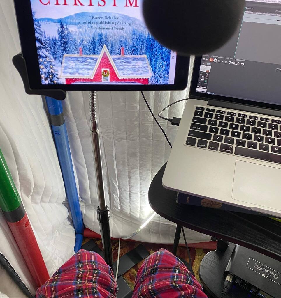 shelley_actor's tweet photo. A little BTS (behind the scenes) of my very first audiobook. It was Christmas in September in my booth with my holiday pajama bottoms and my peppermint tea! Thank you, @traveltherapy, @sara.pagyogi , and the whole team @audible. ☃️🧣❄️✨ And, thank YOU… https://t.co/qnwIVyMuko https://t.co/JA8O26Gqaq
