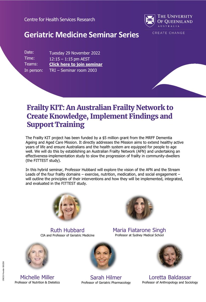 MonikaJanda's tweet photo. Great seminar coming up-hear more about how the frailty network aims to achieve for Australians’ having more healthy active years of life @UQ_CHSR @UQMedicine https://t.co/TrSkcL9mTZ