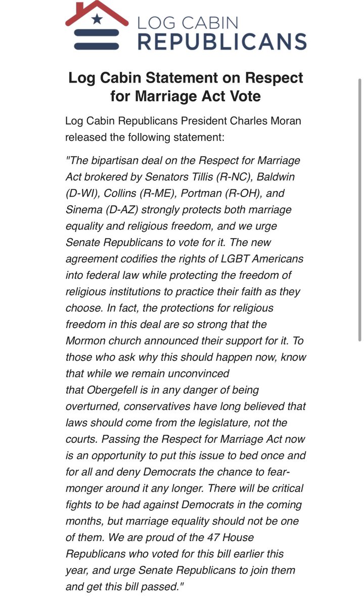 🚨 STATEMENT from <a href="/LogCabinGOP/">Log Cabin Republicans</a> on Respect for Marriage Act: 

“This bipartisan deal…strongly protects both marriage equality and religious freedom, and we urge Senate Republicans to vote for it.”