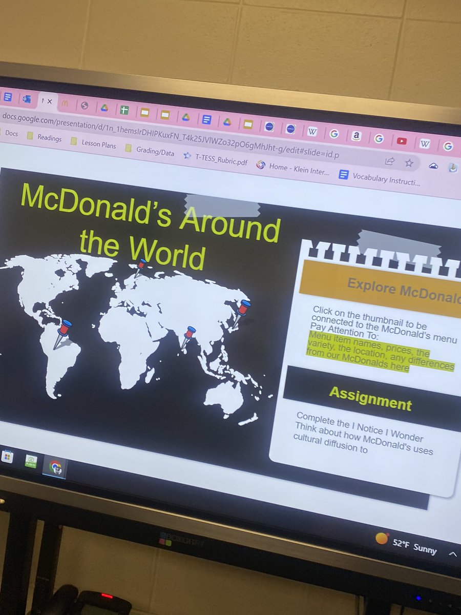 misscguillory's tweet photo. Today we looked at how McDonaldโs uses culture diffusion to increase profits. We paired it with I Notice I Wonder from @EllevationEd and sprinkled a little discourse throughout the process. #modelingstrategy #plc #languagerich #funincluded @KleinIntKISD @dr_phlegm https://t.co/hQr2MsbXbQ